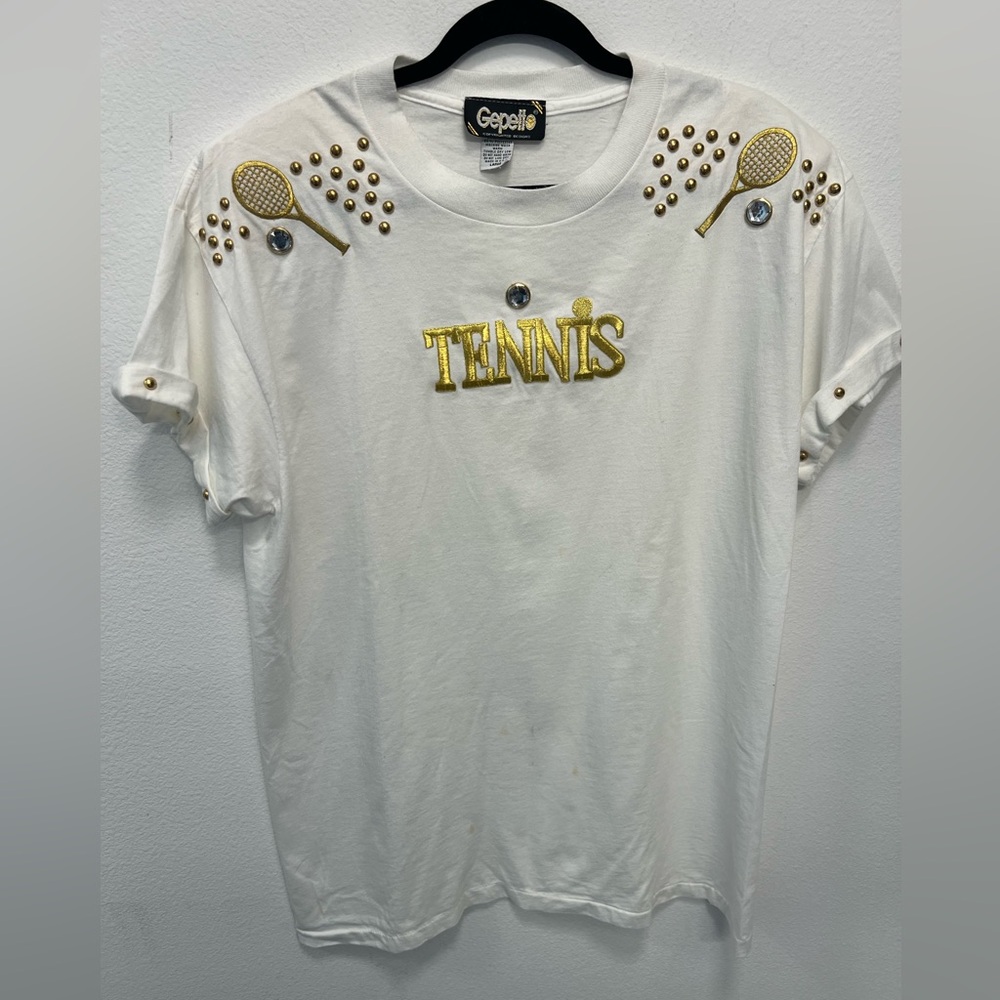 Vintage Gepetto Tennis Embellished Tee - Studded - Shoulder Pads - Size L